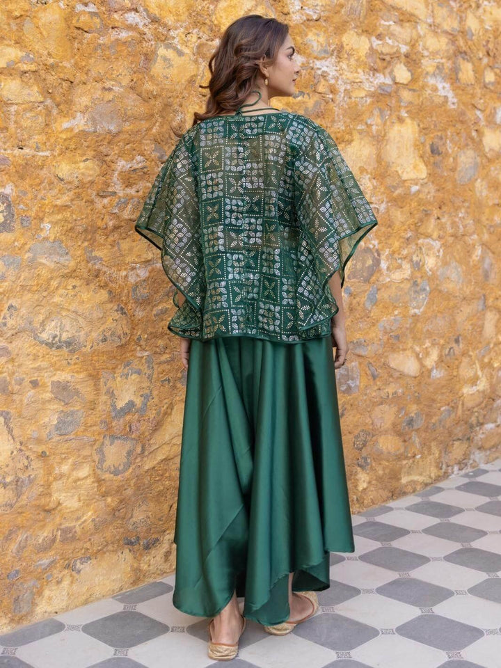 Green Satin Coord Set with Embellished Organza Jacket - Myaara