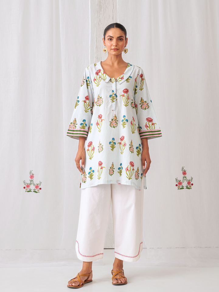 Aqua Floral Collared Short Kurta Paired With Curved  Hem White Pants