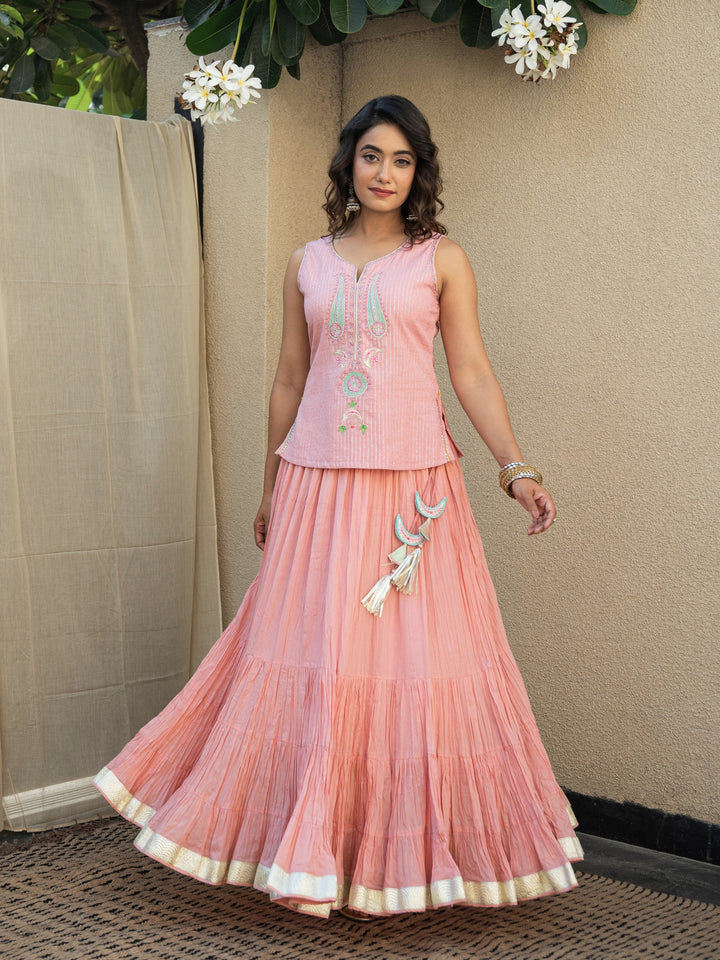 Peach Skirt Set - Embroidered Top Paired With Matching Crinkled Voille Skirt