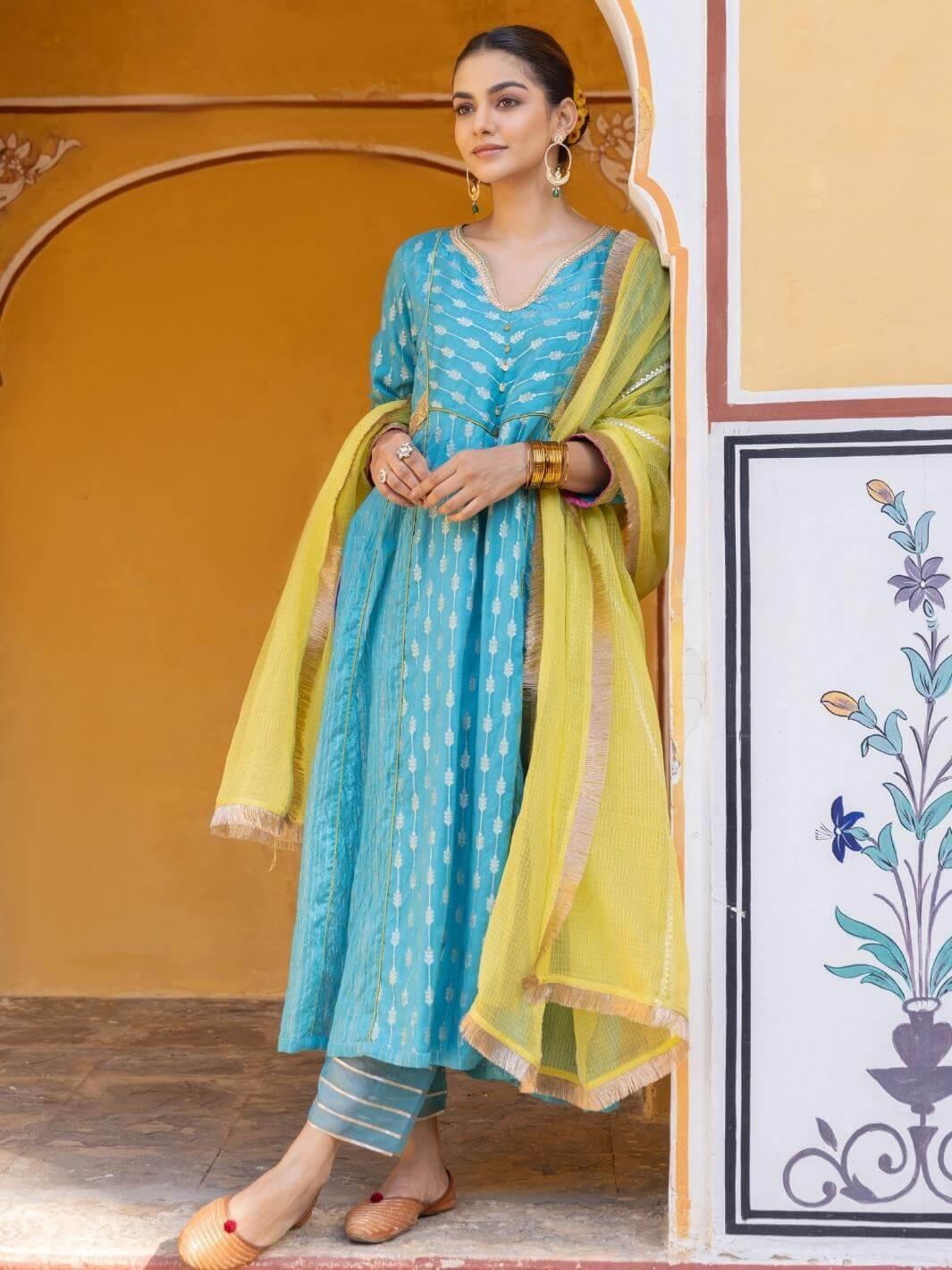 Turquoise Blue Embroidered Zari A-Line Kurta Set with Dupatta - Myaara