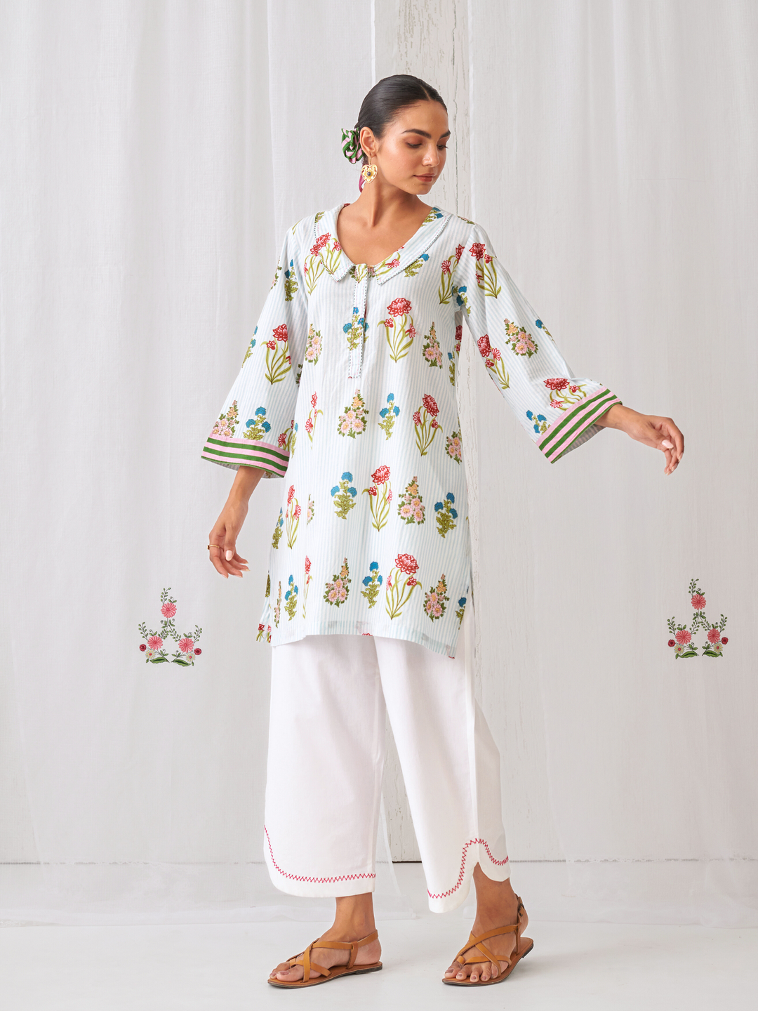 Aqua Floral Collared Short Kurta Paired With Curved  Hem White Pants