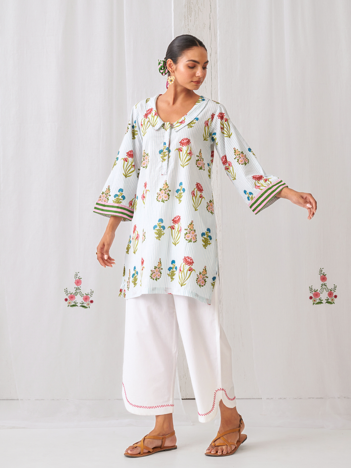 Aqua Floral Collared Short Kurta Paired With Curved  Hem White Pants