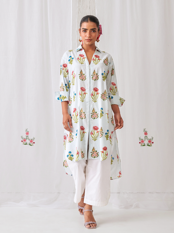 Aqua Floral Shirt Style Kurta Paired With Curved  Hem White Pants