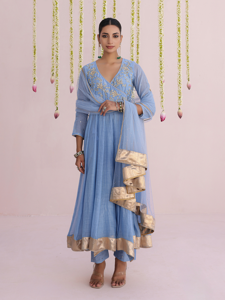 Dusty Blue Angarakha With Embroidered Yoke