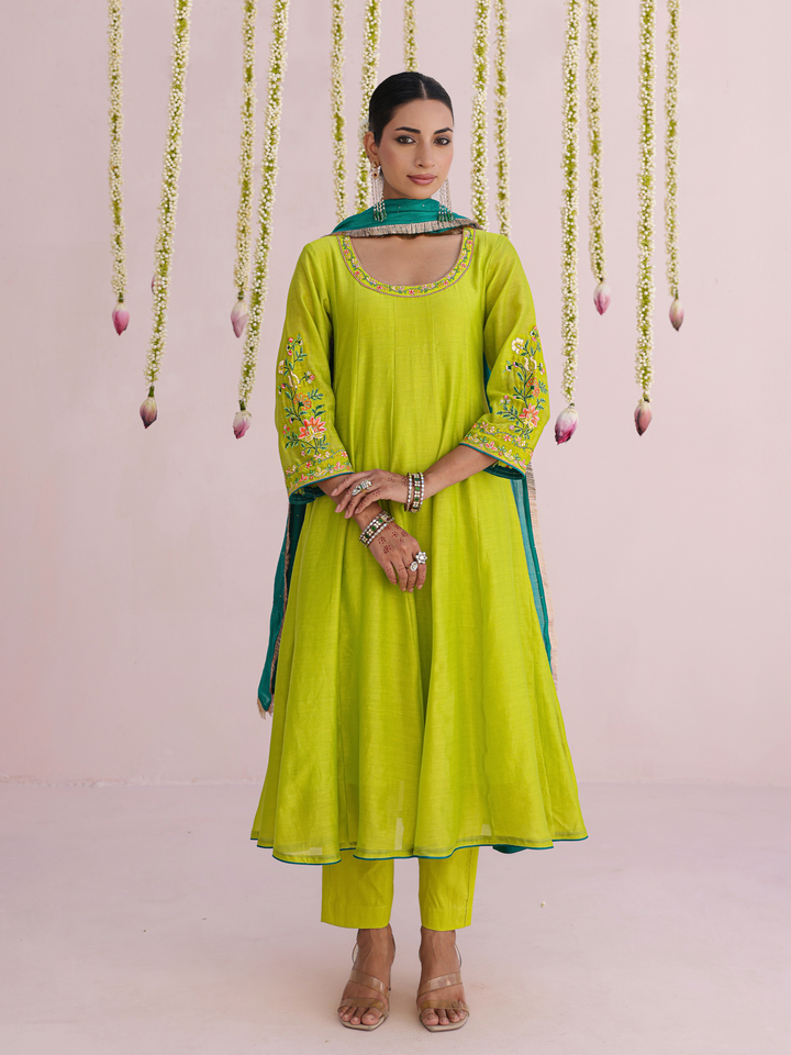 Lemon Anarkali Set With Floral Embroidery Details