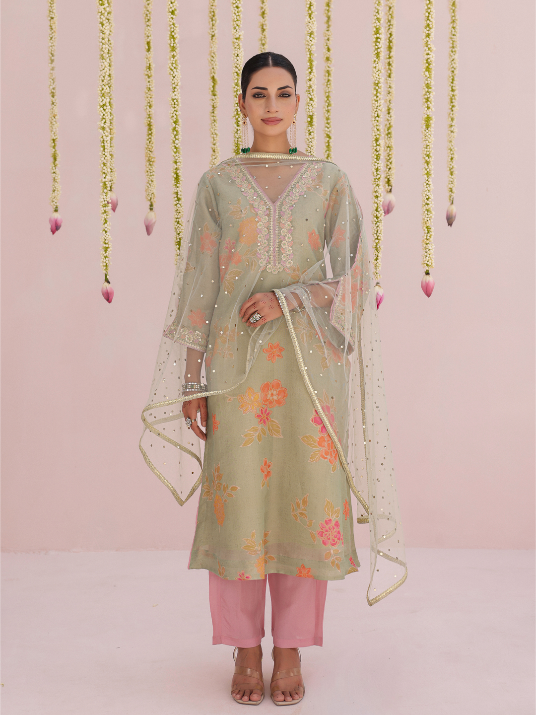 Mint Kurta Set With Floral Print & Embroidered Neckline