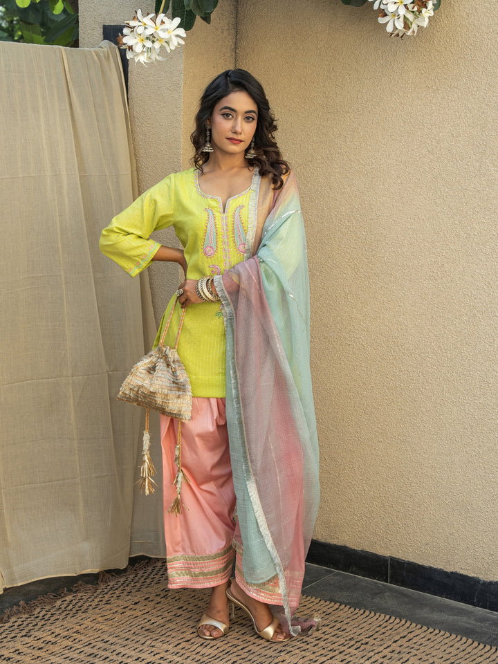 Lime Green Short Embroidered Kurta Paired With Farshi & Ombre Dupatta