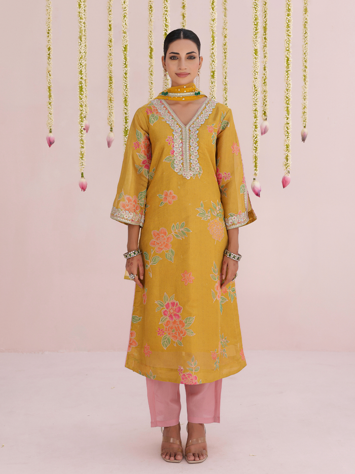 Mustard Kurta Set With Floral Print & Embroidered Neckline
