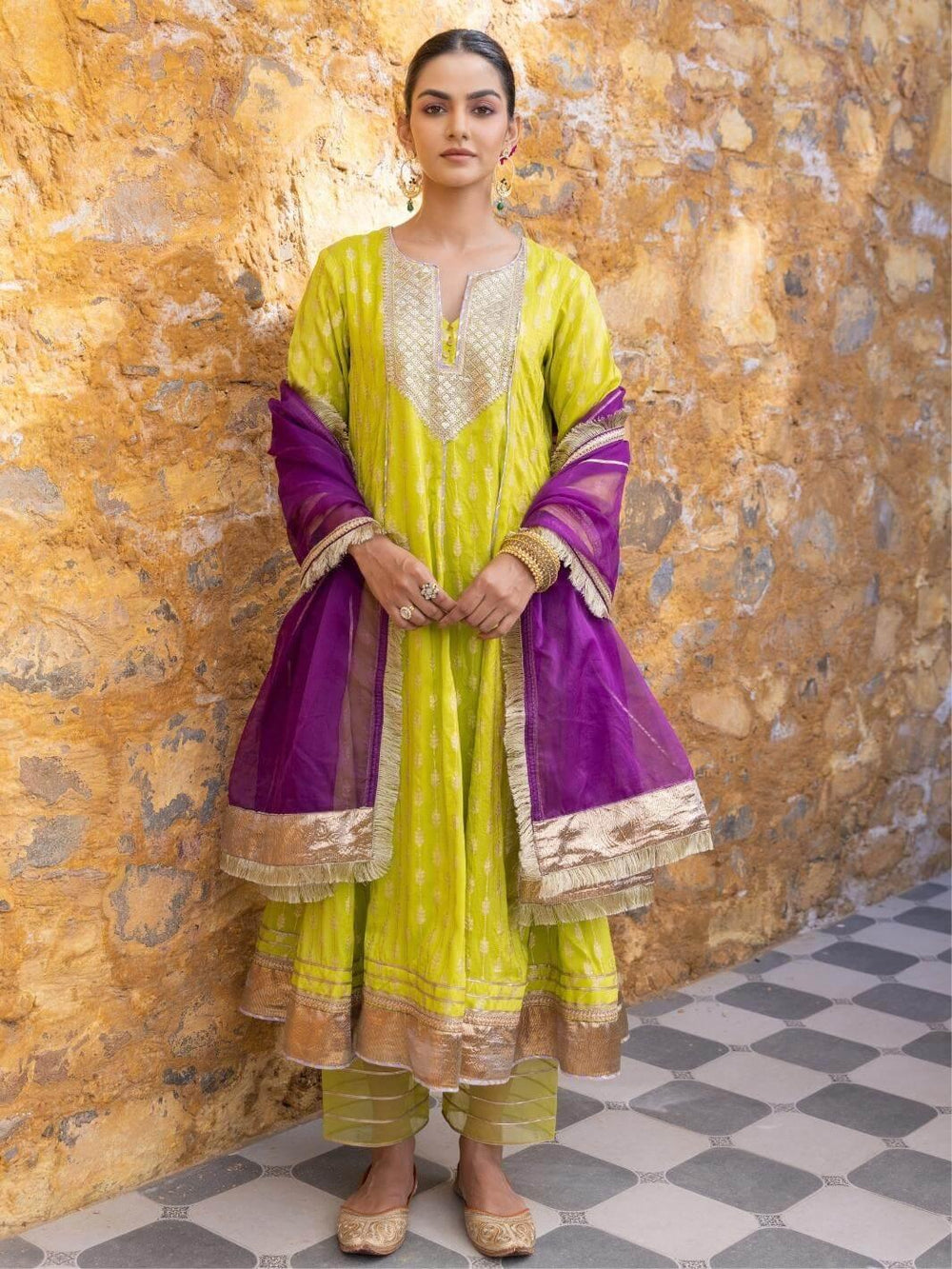 Lime Green Zari Embroidered Anarkali Set with Organza Dupatta - Myaara