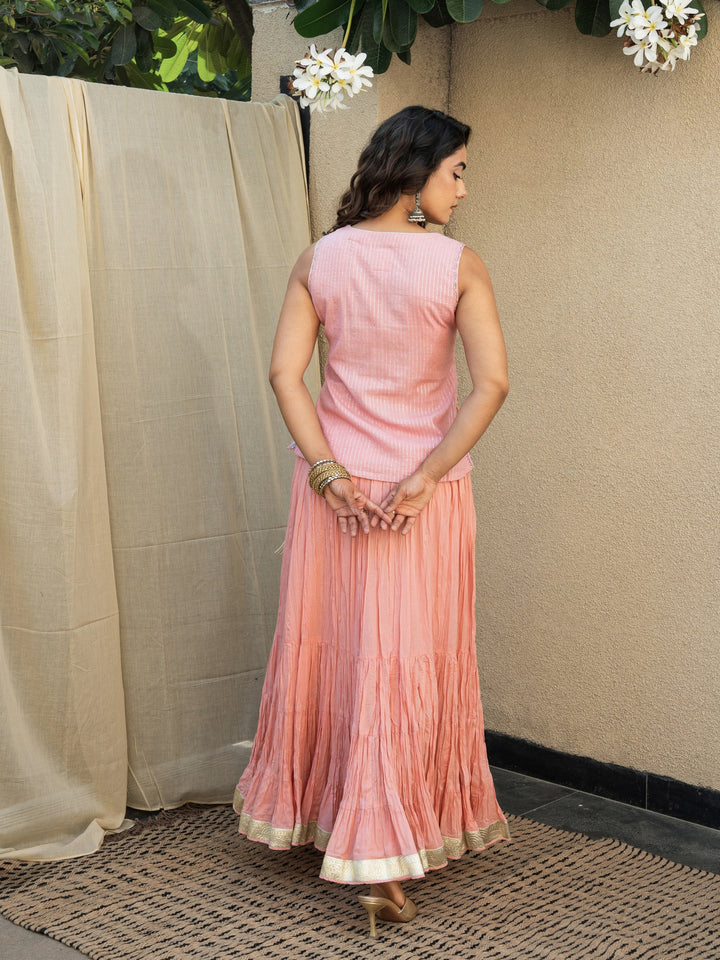 Peach Skirt Set - Embroidered Top Paired With Matching Crinkled Voille Skirt