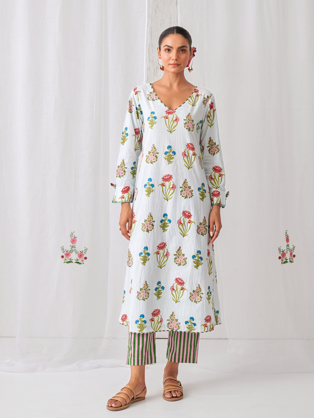 Aqua Floral V-Neck Long Kurta Paired With Striped Matching Pants
