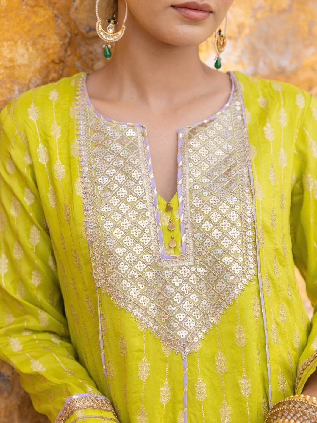 Lime Green Zari Embroidered Anarkali Set with Organza Dupatta - Myaara