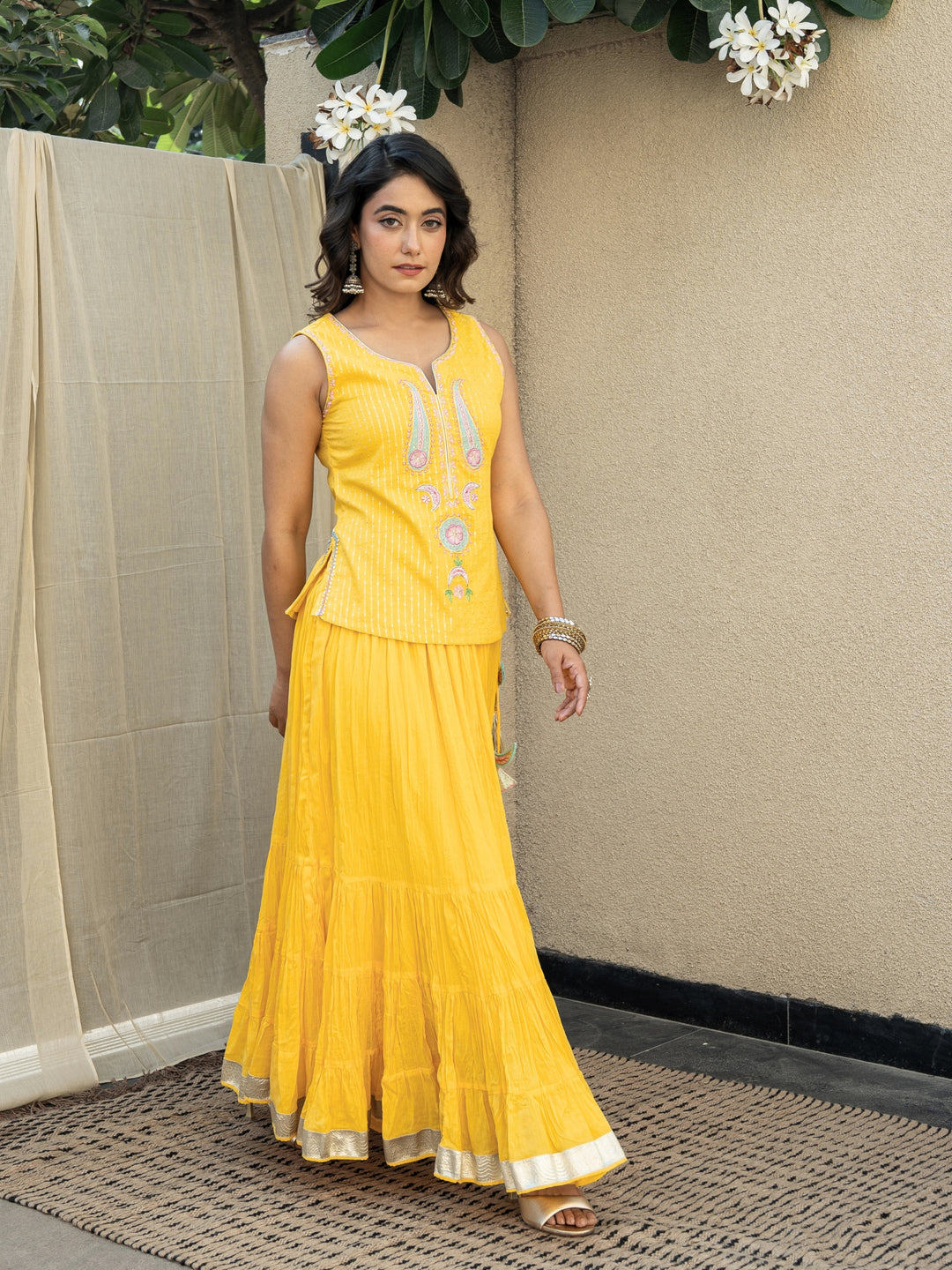 Yellow Skirt Set - Embroidered Top Paired With Matching Crinkled Voille Skirt