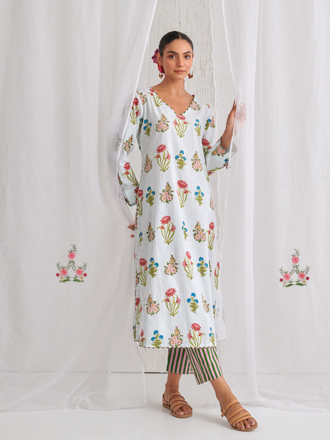 Aqua Floral V-Neck Long Kurta Paired With Striped Matching Pants