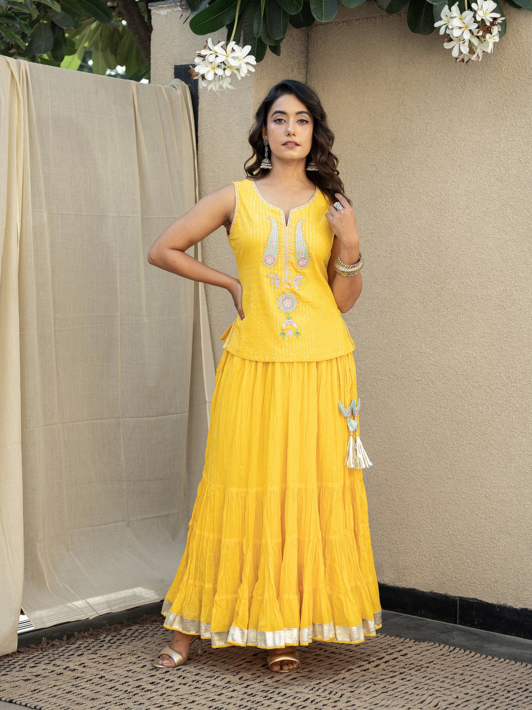 Yellow Skirt Set - Embroidered Top Paired With Matching Crinkled Voille Skirt