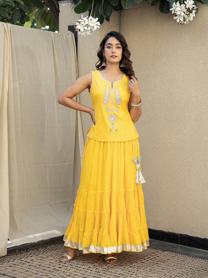 Yellow Skirt Set - Embroidered Top Paired With Matching Crinkled Voille Skirt