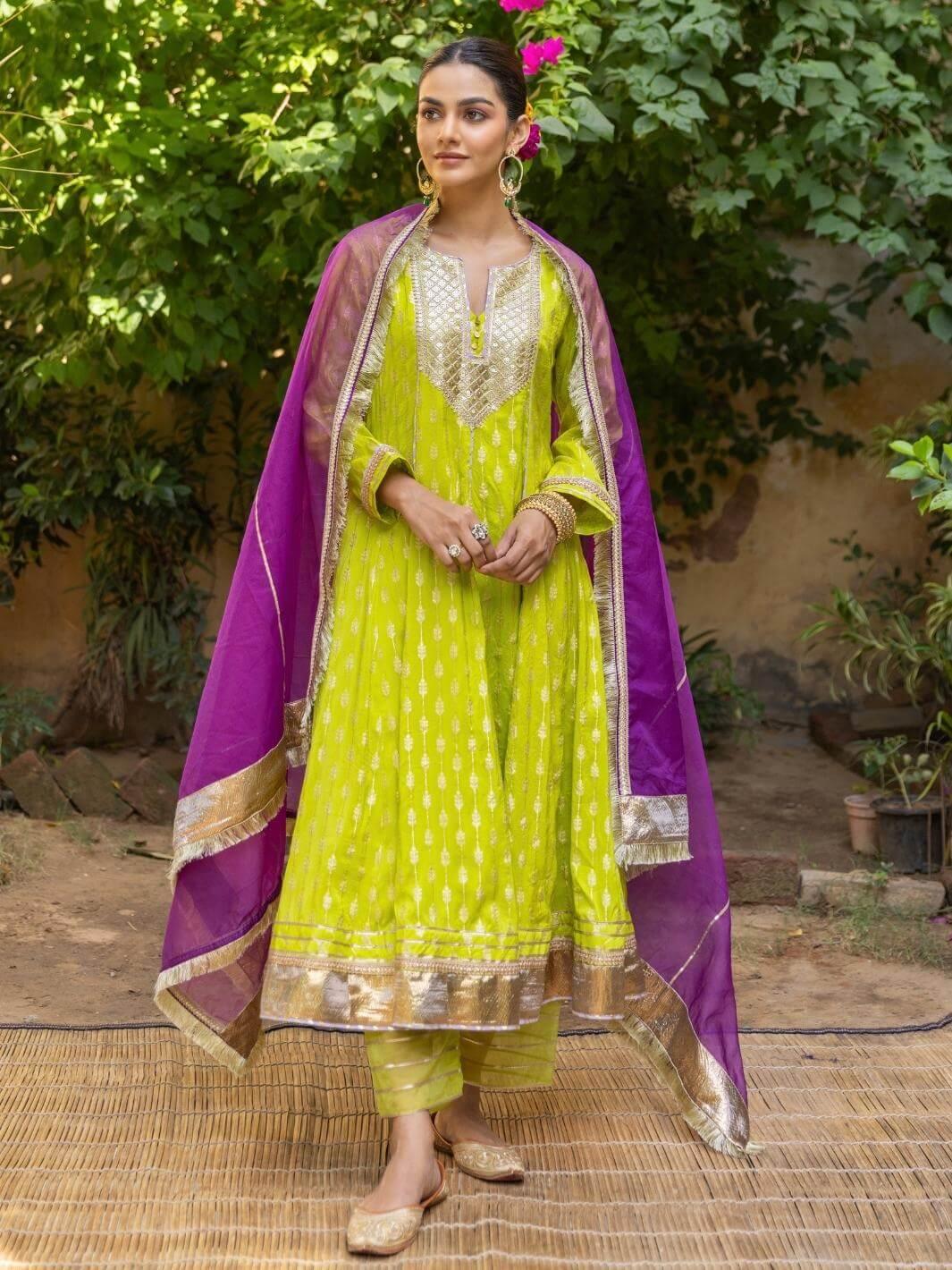 Lime Green Zari Embroidered Anarkali Set with Organza Dupatta - Myaara