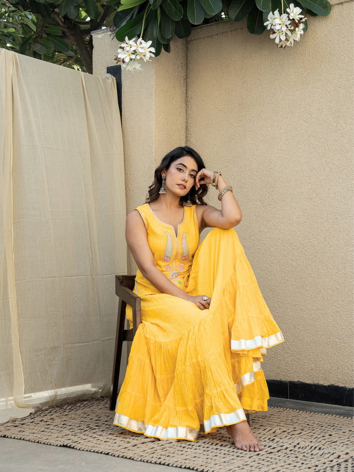 Yellow Skirt Set - Embroidered Top Paired With Matching Crinkled Voille Skirt