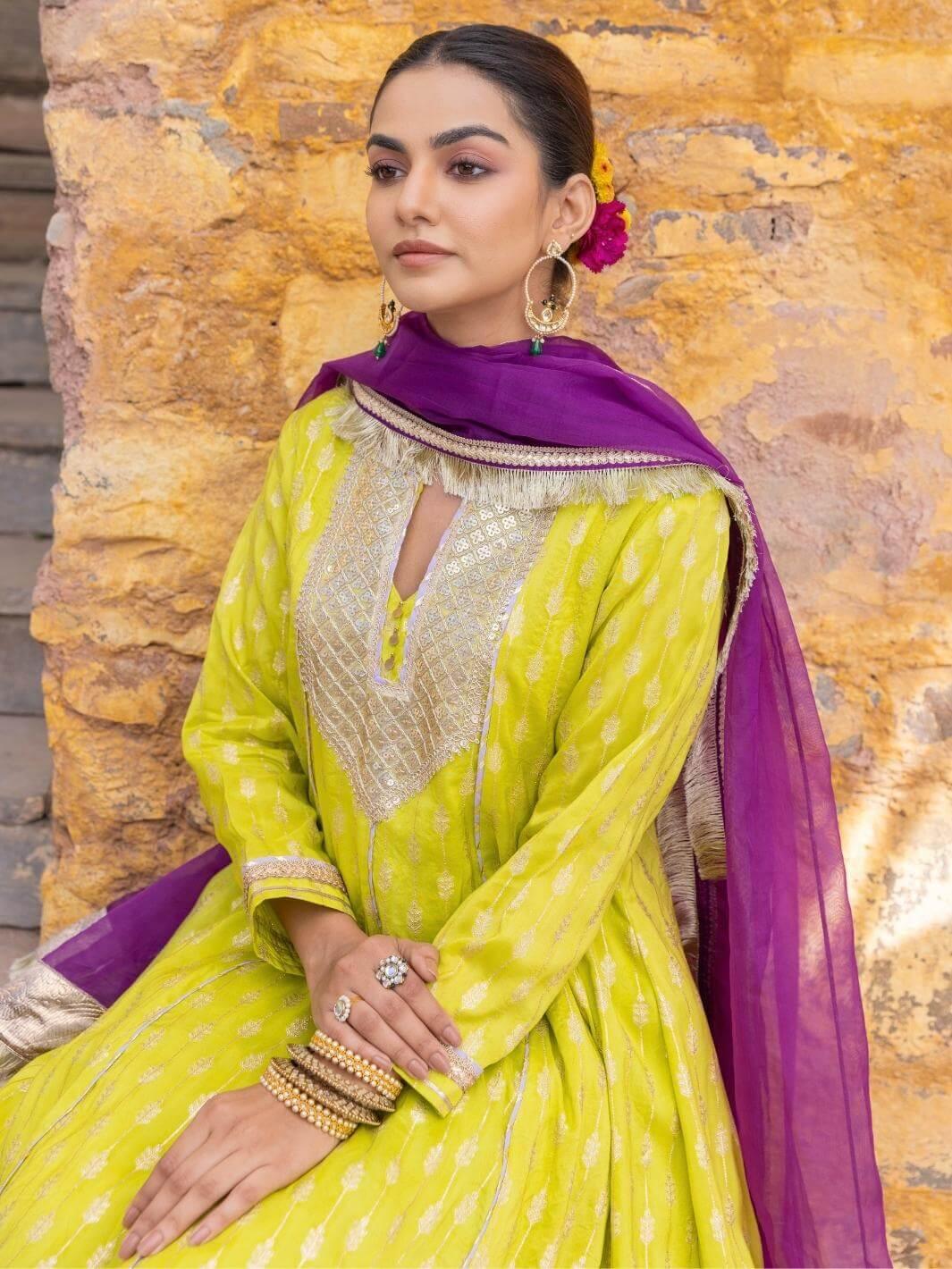 Lime Green Zari Embroidered Anarkali Set with Organza Dupatta - Myaara