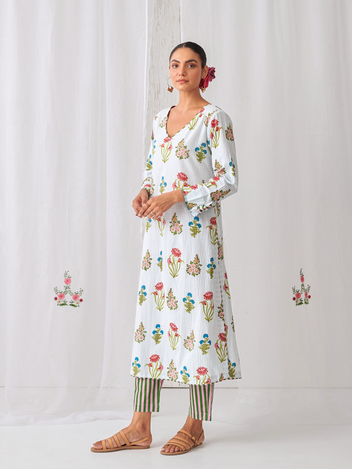 Aqua Floral V-Neck Long Kurta Paired With Striped Matching Pants