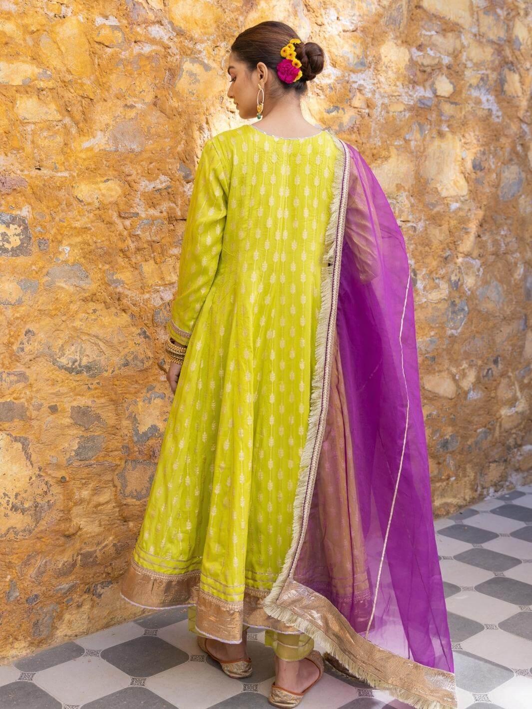 Lime Green Zari Embroidered Anarkali Set with Organza Dupatta - Myaara