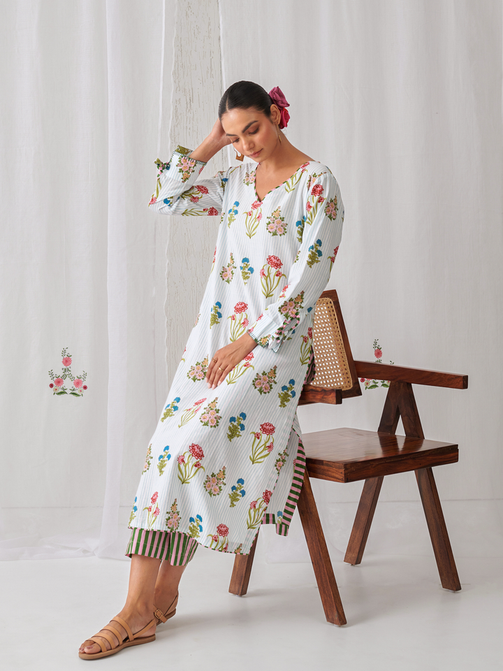 Aqua Floral V-Neck Long Kurta Paired With Striped Matching Pants