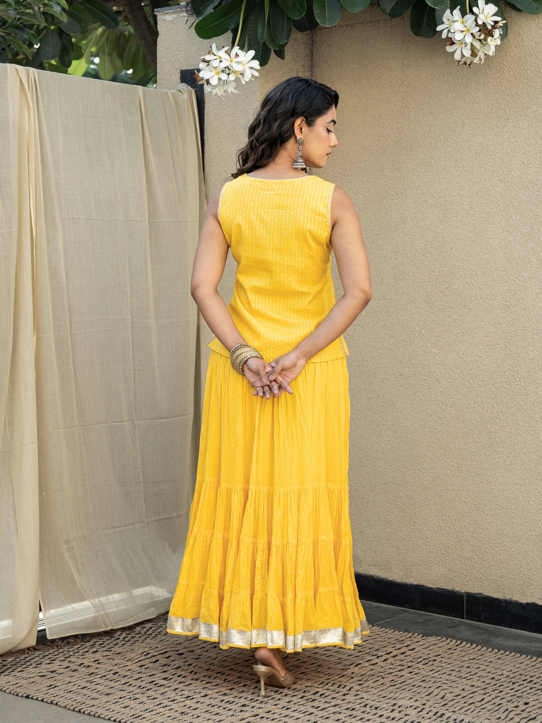 Yellow Skirt Set - Embroidered Top Paired With Matching Crinkled Voille Skirt