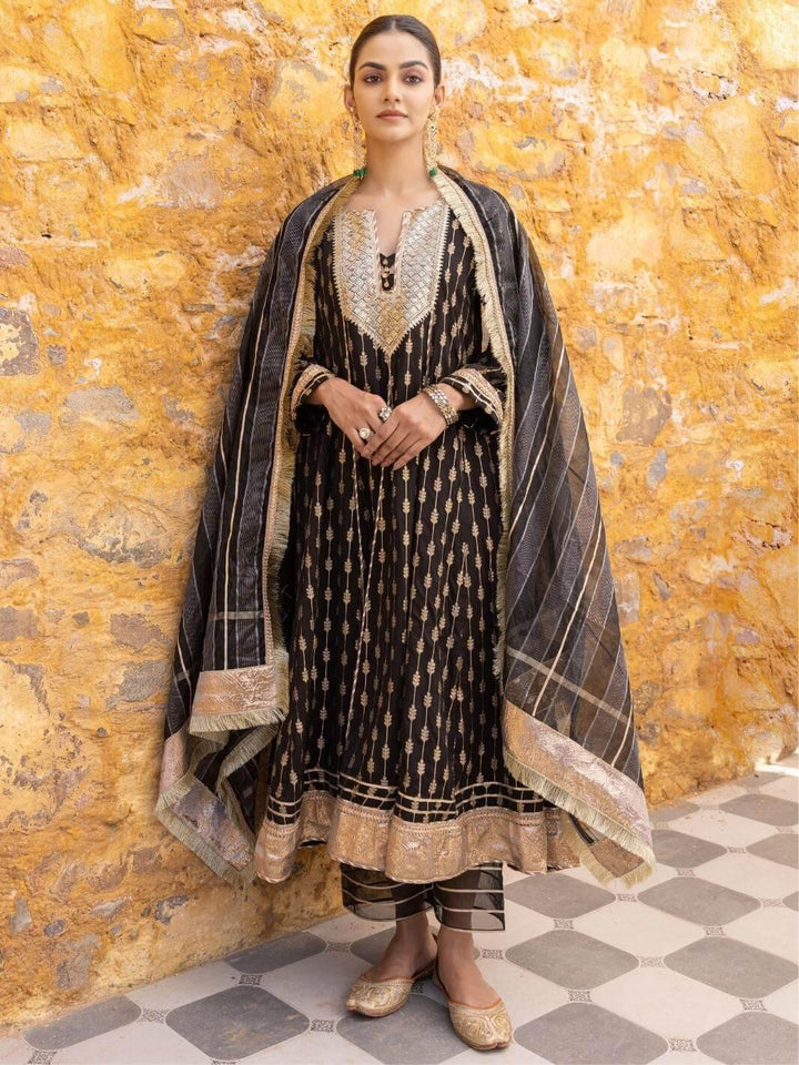 Black Zari Embroidered Anarkali Set with Organza Dupatta - Myaara