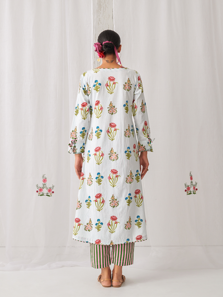 Aqua Floral V-Neck Long Kurta Paired With Striped Matching Pants