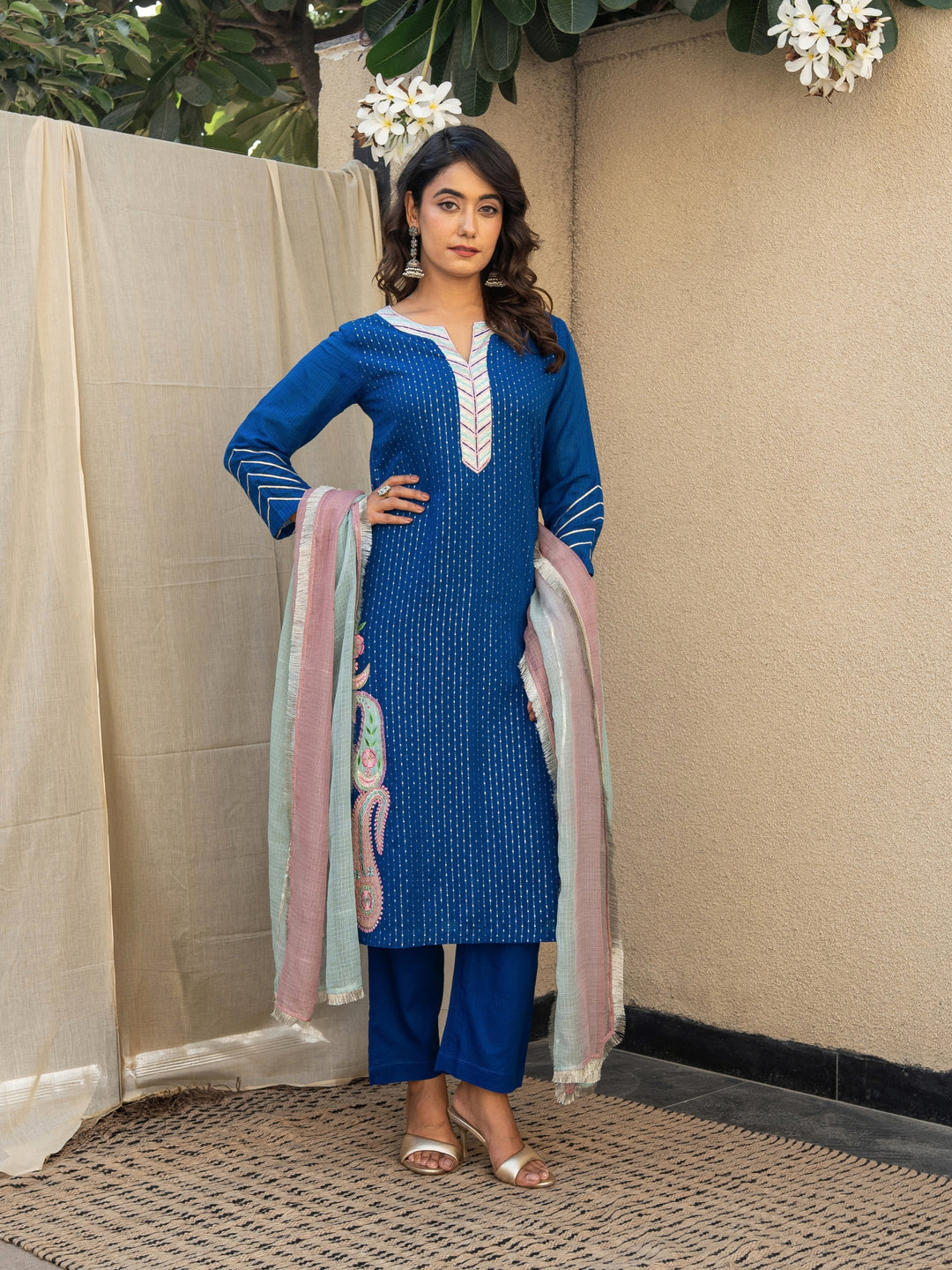Royal Blue Embroidered Kurta Paired With Matching Pants & Dupatta