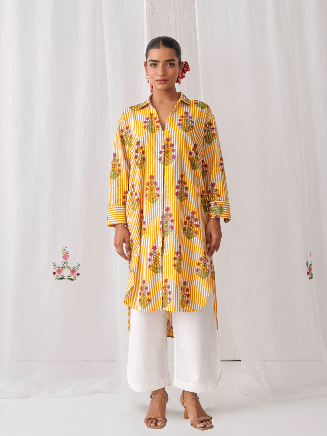 Yellow  Floral Shirt Style Kurta Paired With Curved Hem White Pants