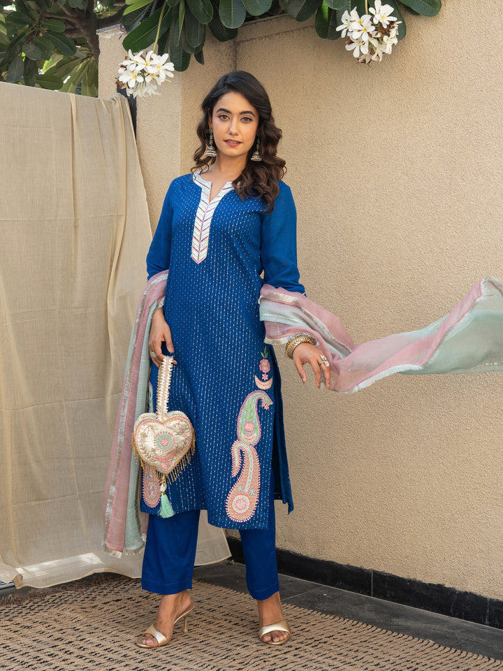 Royal Blue Embroidered Kurta Paired With Matching Pants & Dupatta