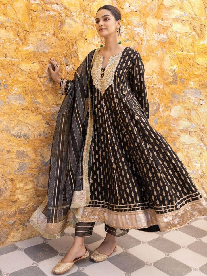 Black Zari Embroidered Anarkali Set with Organza Dupatta - Myaara