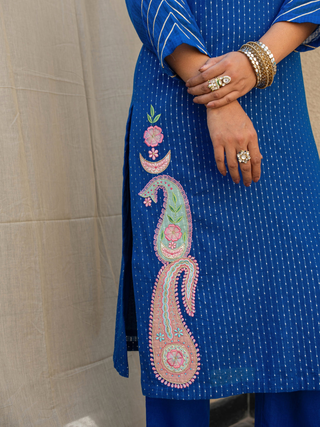 Royal Blue Embroidered Kurta Paired With Matching Pants & Dupatta