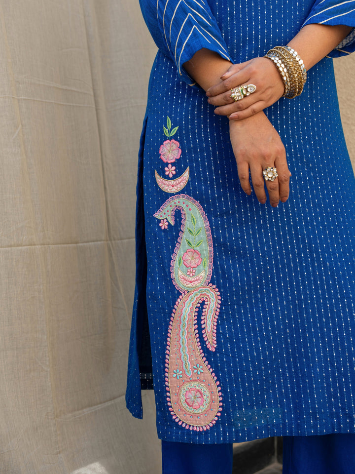 Royal Blue Embroidered Kurta Paired With Matching Pants & Dupatta