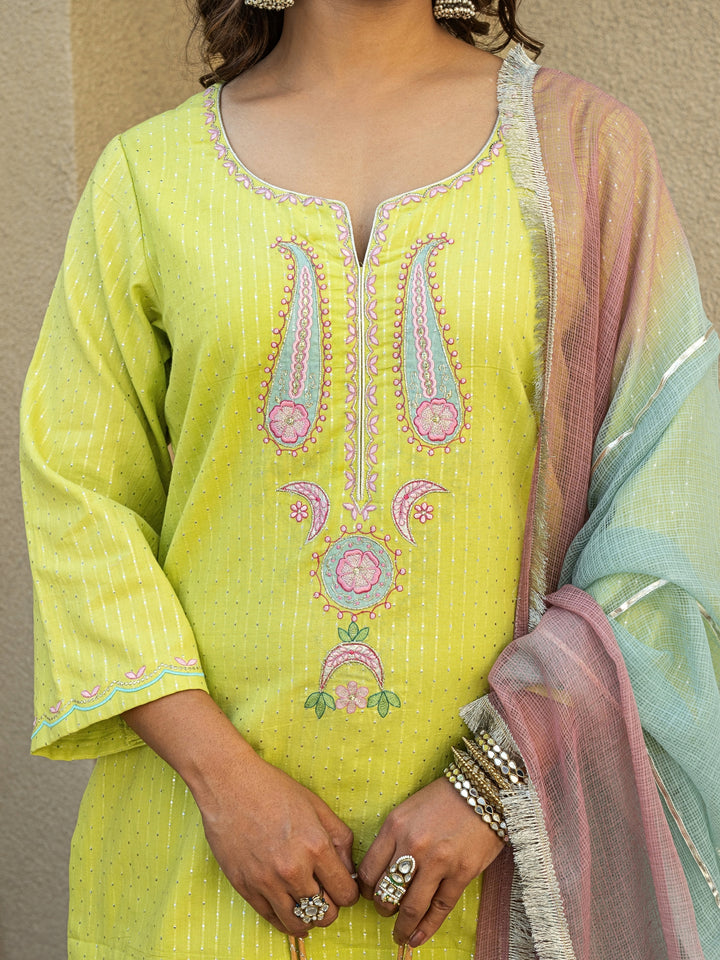 Lime Green Short Embroidered Kurta Paired With Farshi & Ombre Dupatta