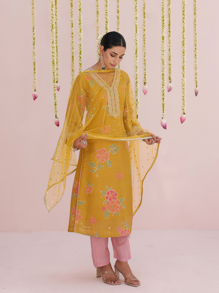 Mustard Kurta Set With Floral Print & Embroidered Neckline
