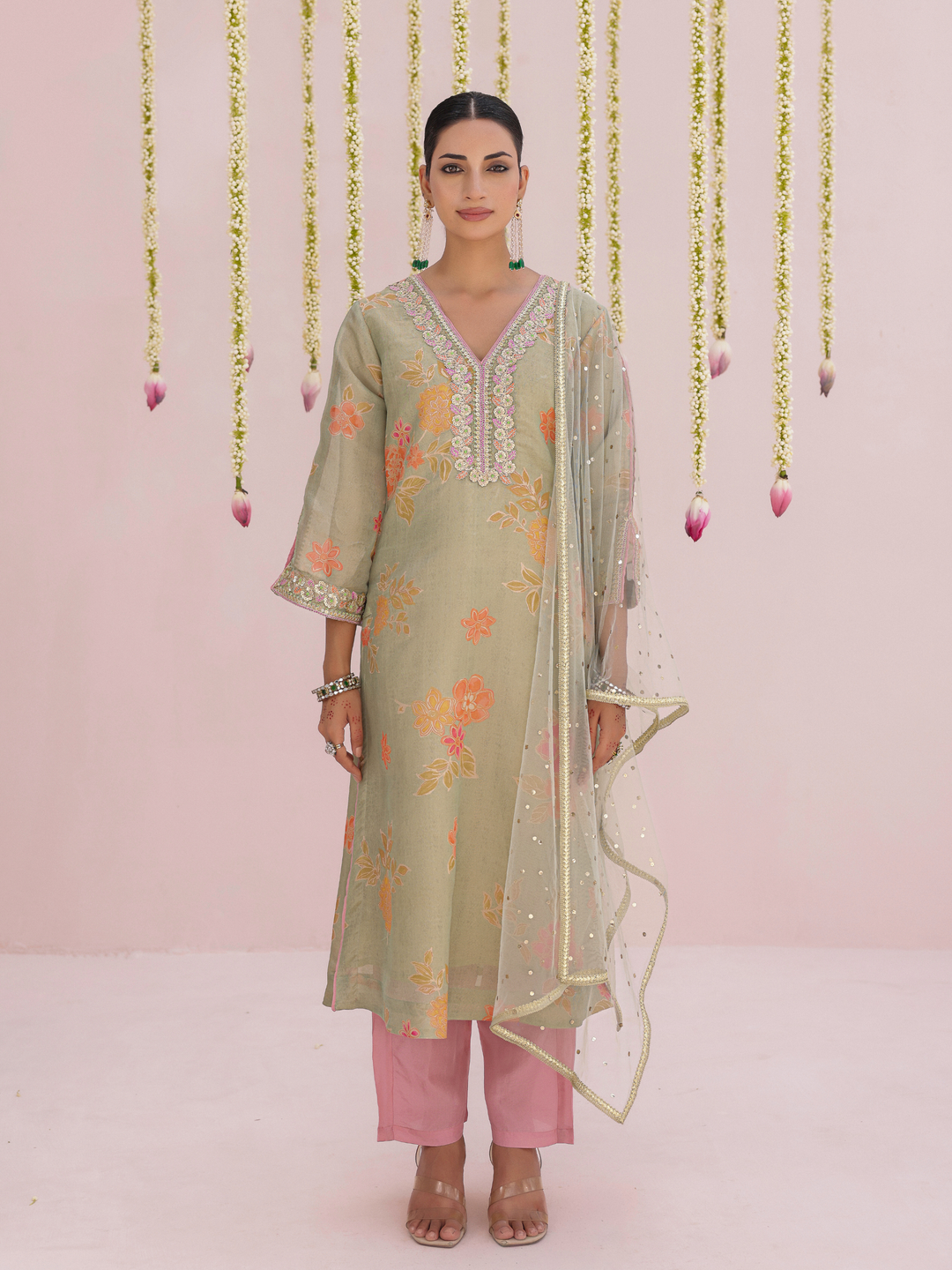 Mint Kurta Set With Floral Print & Embroidered Neckline