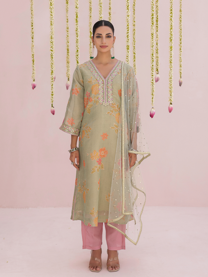 Mint Kurta Set With Floral Print & Embroidered Neckline