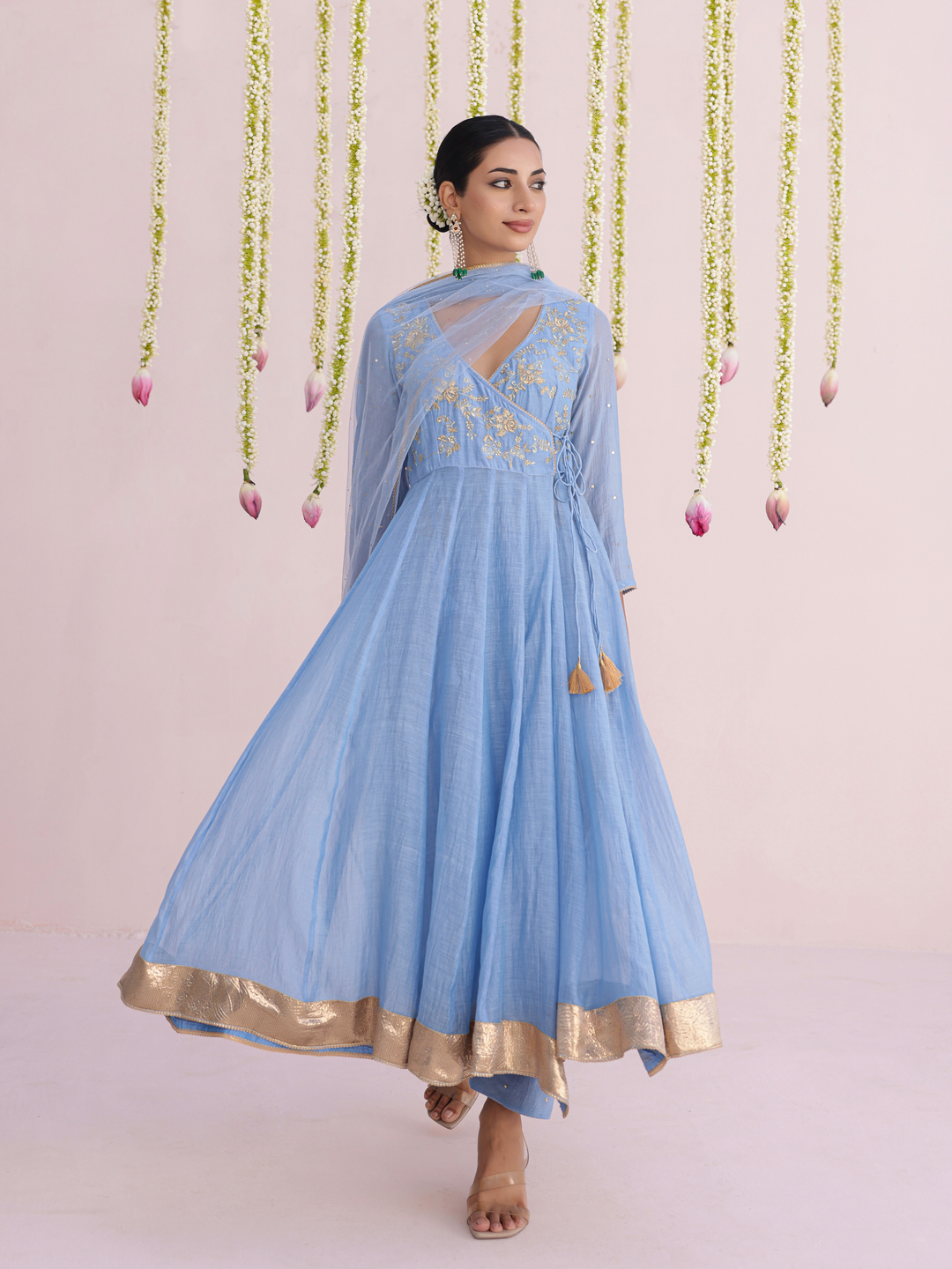 Dusty Blue Angarakha With Embroidered Yoke