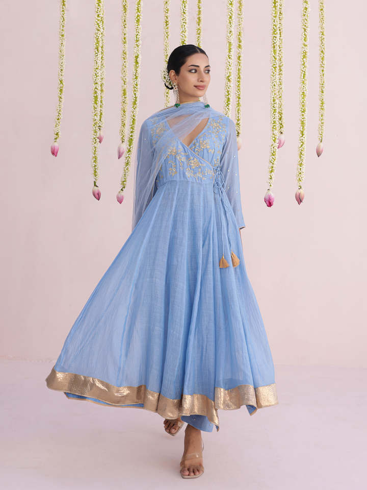 Dusty Blue Angarakha With Embroidered Yoke