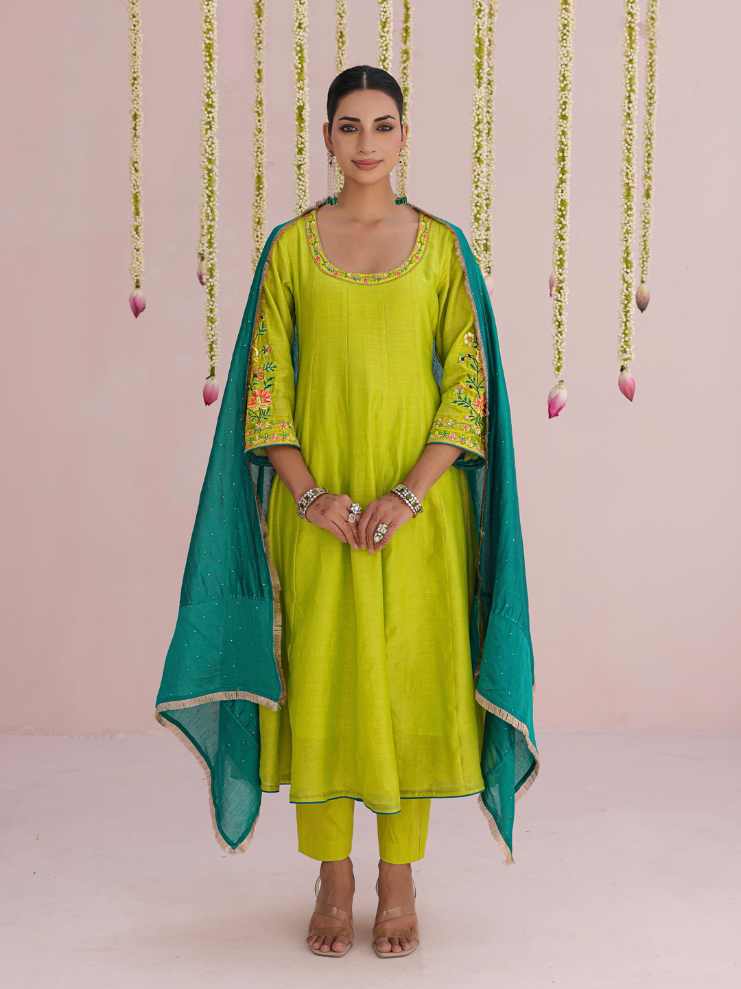 Lemon Anarkali Set With Floral Embroidery Details