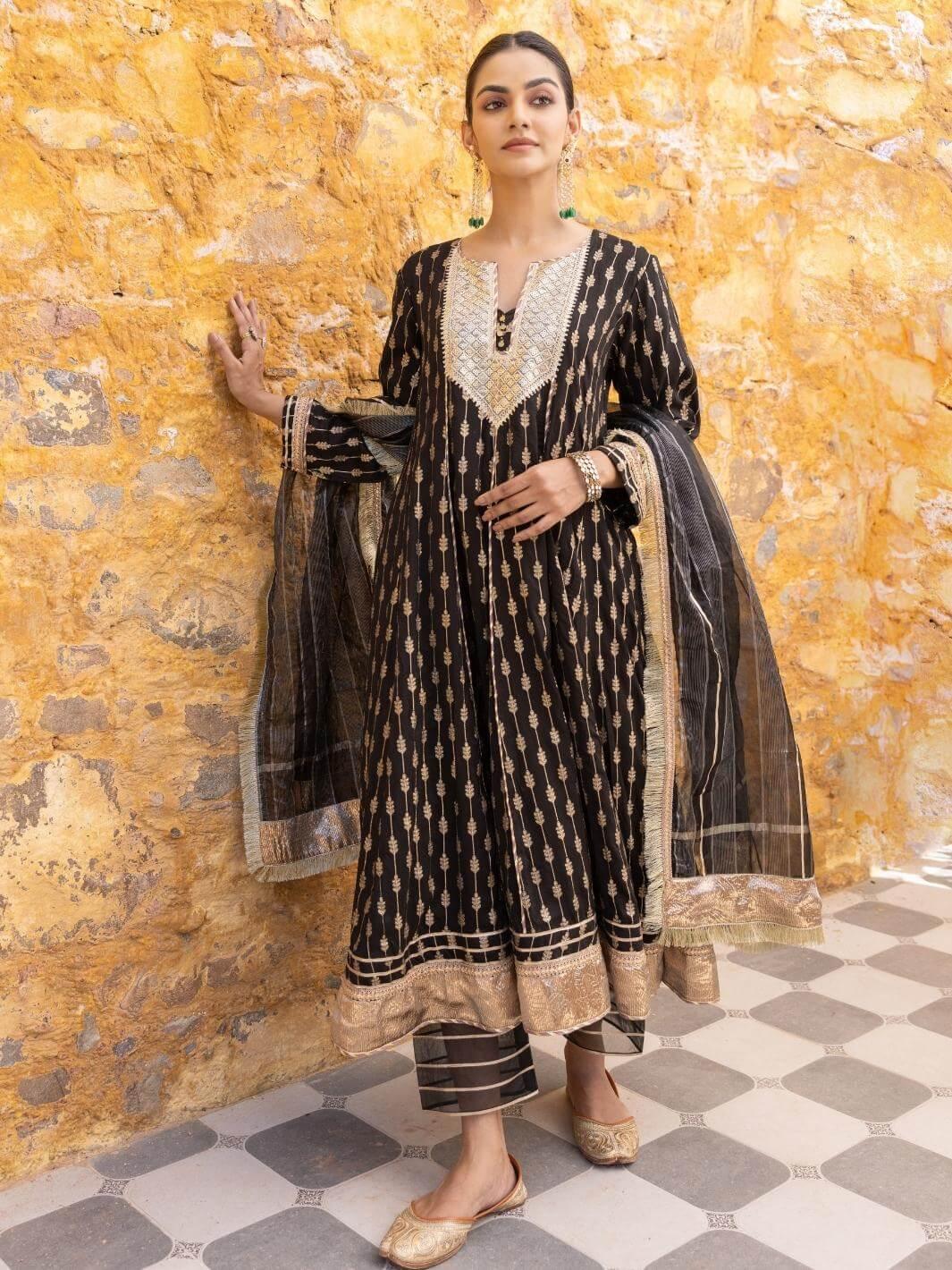 Black Zari Embroidered Anarkali Set with Organza Dupatta - Myaara