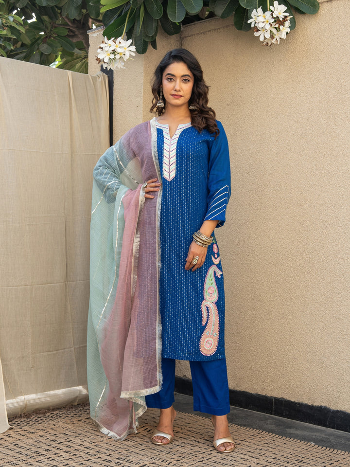 Royal Blue Embroidered Kurta Paired With Matching Pants & Dupatta