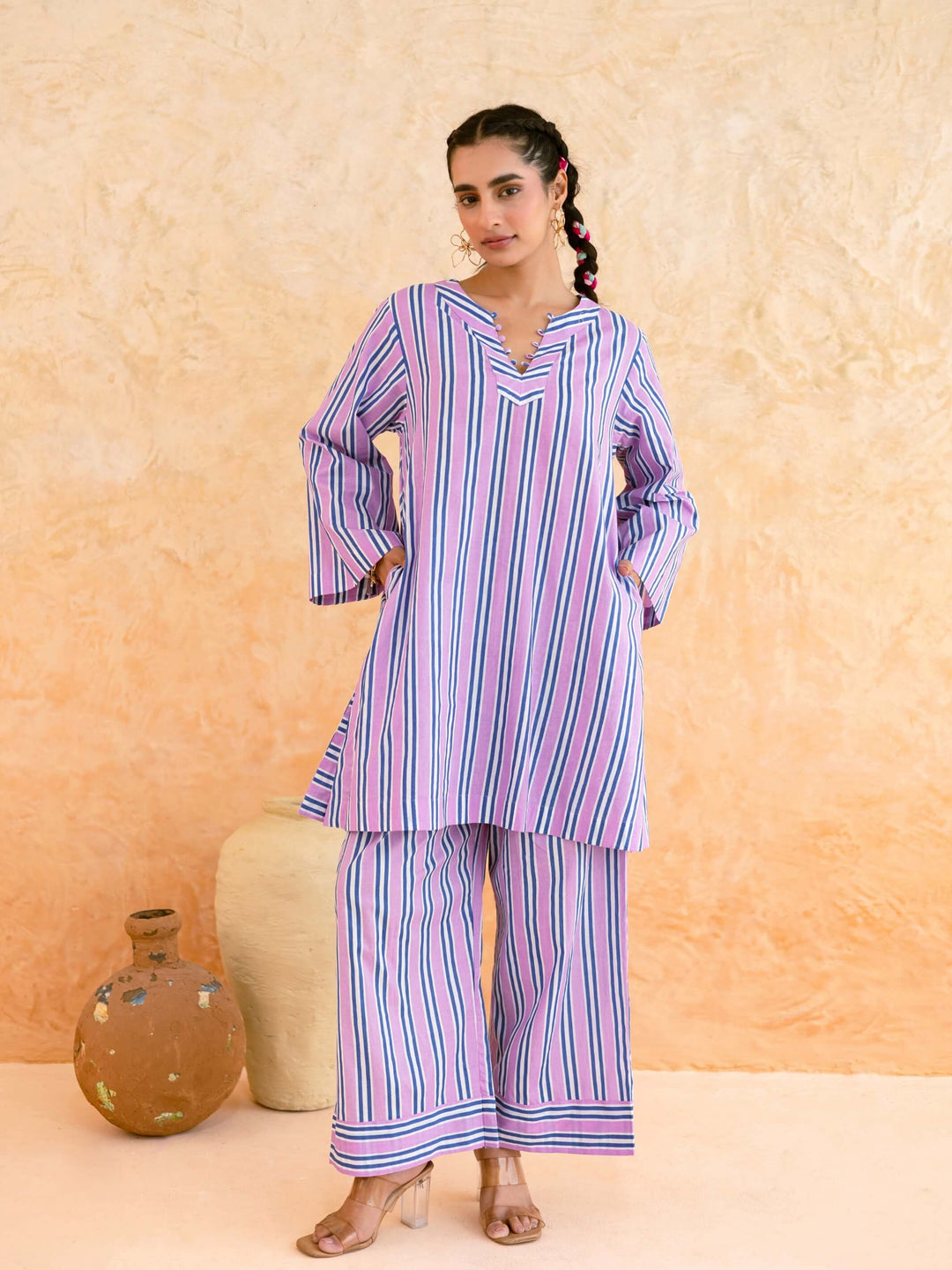 Pink Blue Striped Cotton Co-ord Set for Women – Everyday Casual Wear