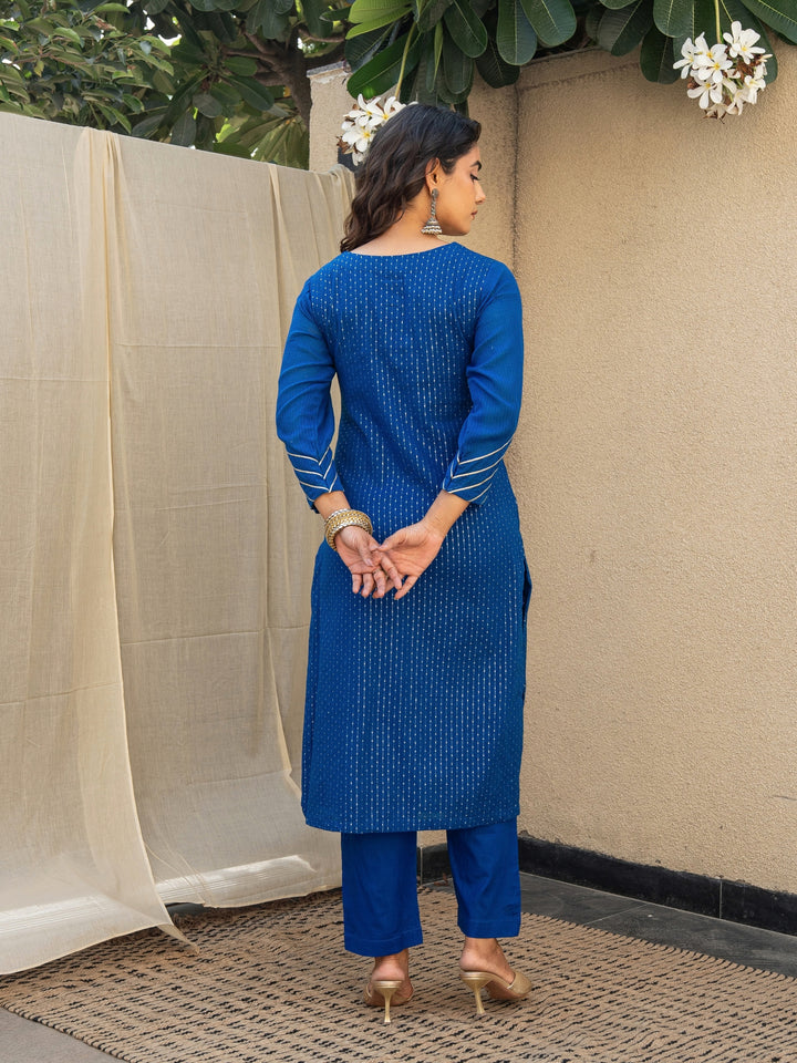 Royal Blue Embroidered Kurta Paired With Matching Pants & Dupatta