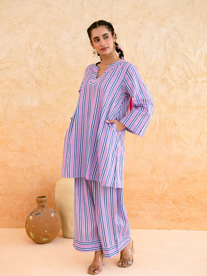 Pink Blue Striped Cotton Co-ord Set for Women – Everyday Casual Wear