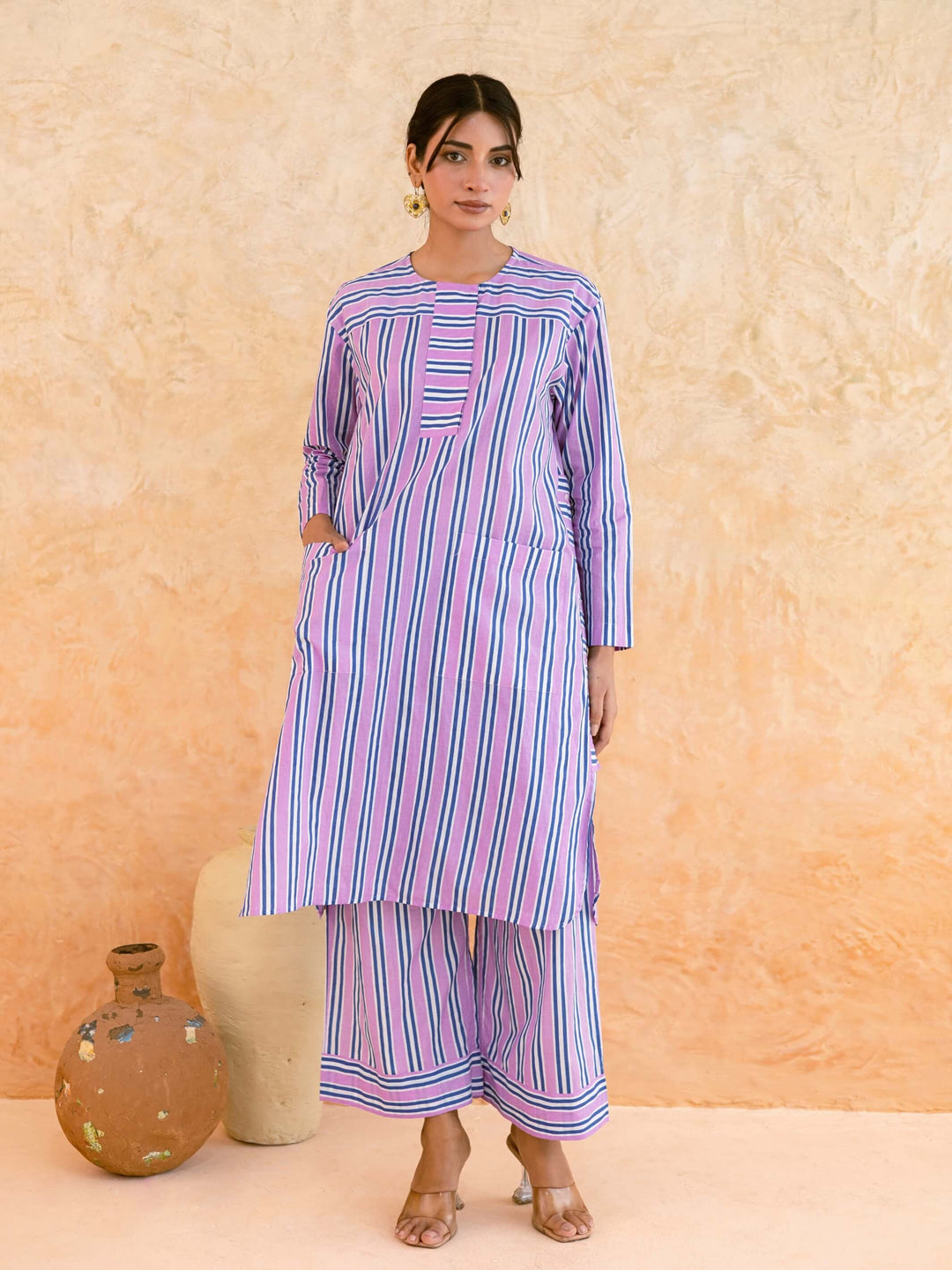 Pink Striped Cotton Kurta Set for Women with Panel Detail & Pockets – Summer Daily & Office Wear