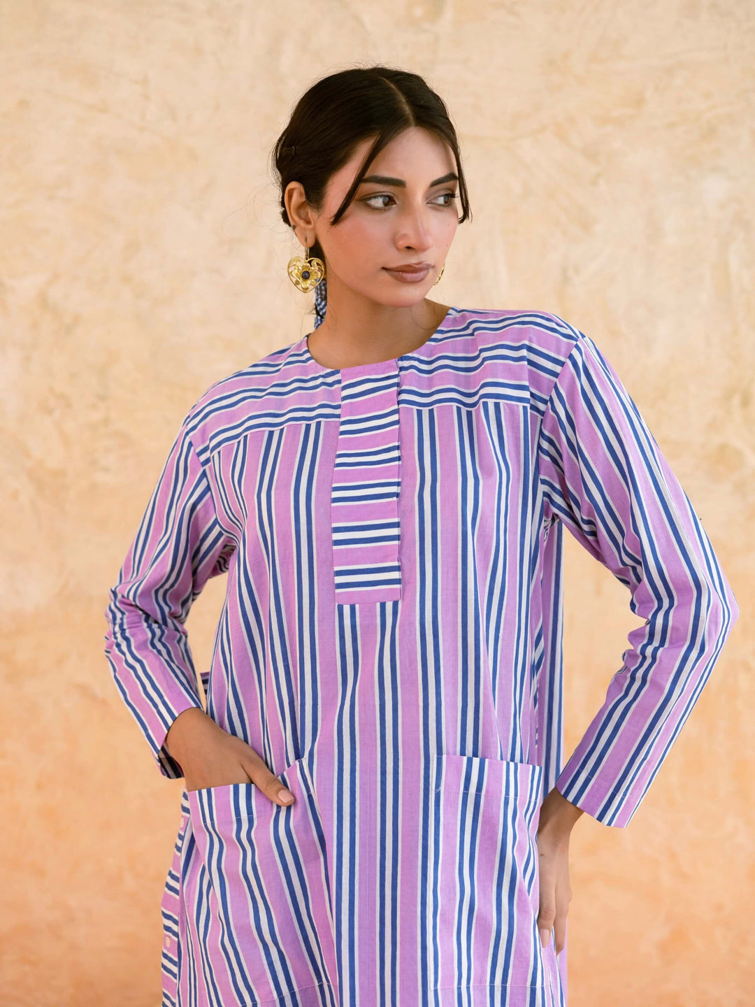 Pink Striped Cotton Kurta Set for Women with Panel Detail & Pockets – Summer Daily & Office Wear