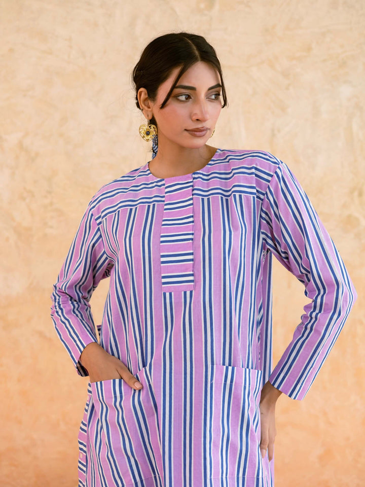 Pink Striped Cotton Kurta Set for Women with Panel Detail & Pockets – Summer Daily & Office Wear